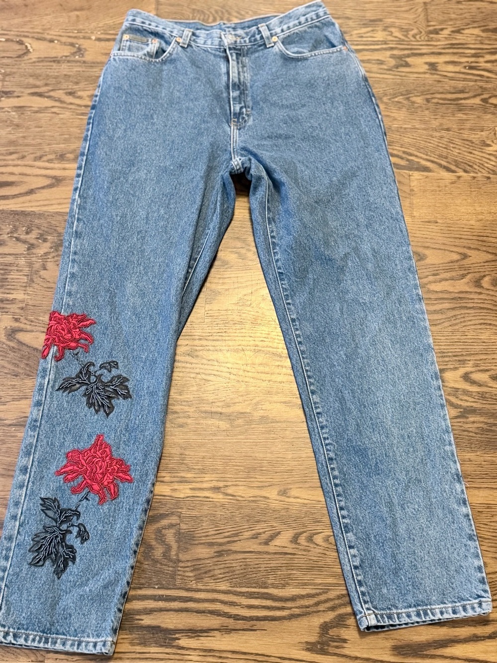 Vintage Calvin Klein Women's Jeans Red & Black Floral Beaded Embroidery Sz 14